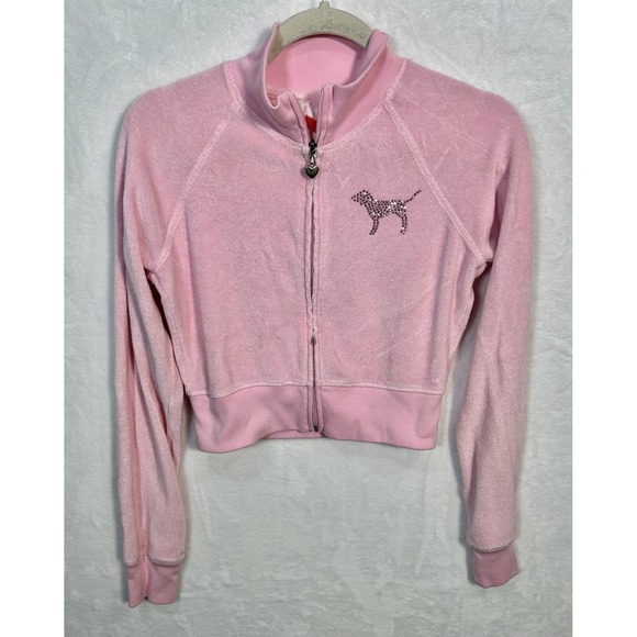 Victoria's Secret Pink Rhinestone Dog Logo Crop Hoodie Jacket Women's Medium - Picture 1 of 8